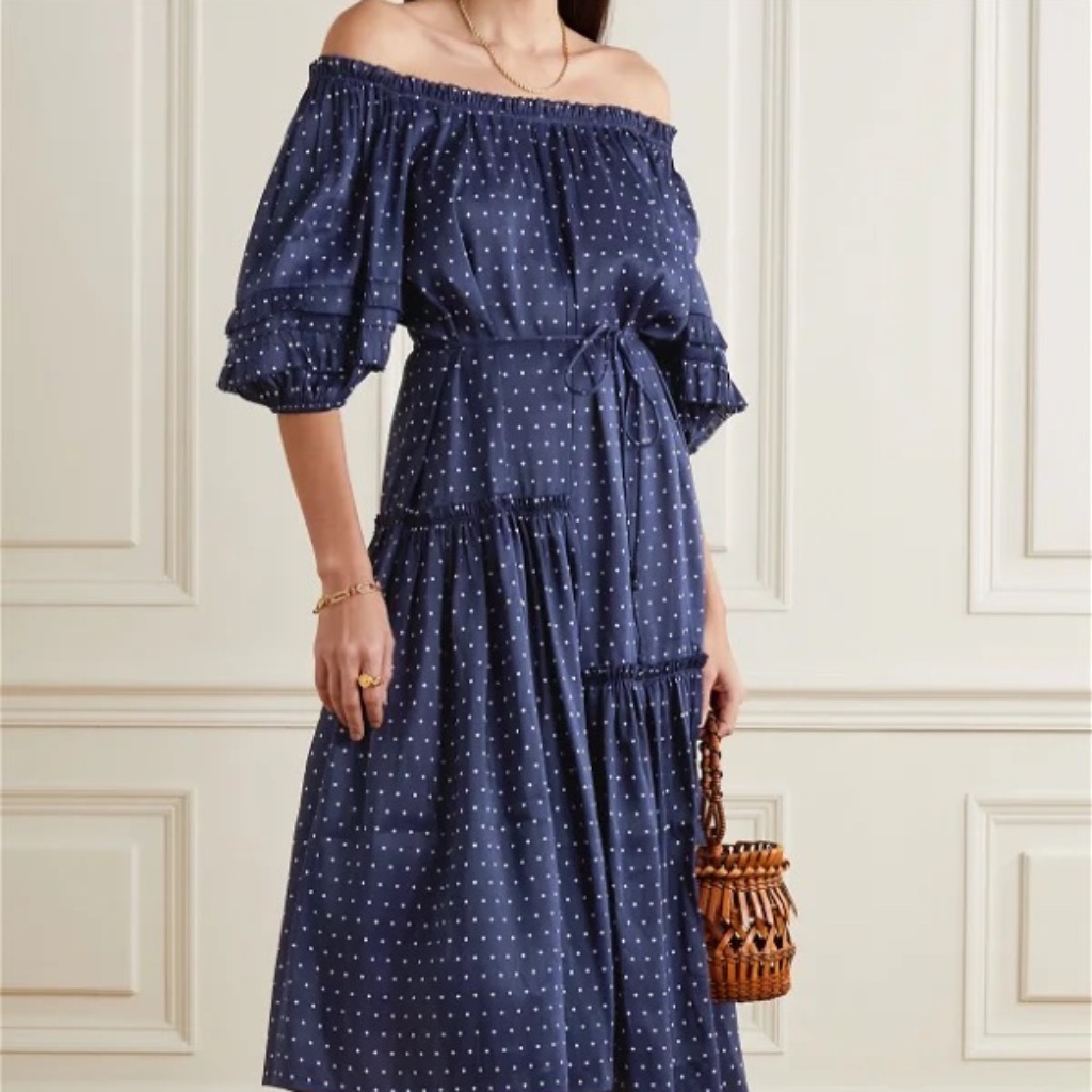 Apiece Apart Navy Polka Dot Puff Sleeve Midi Dress With Tie Waist.